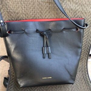 Black Faux Leather Bucket Bag with Red Interior